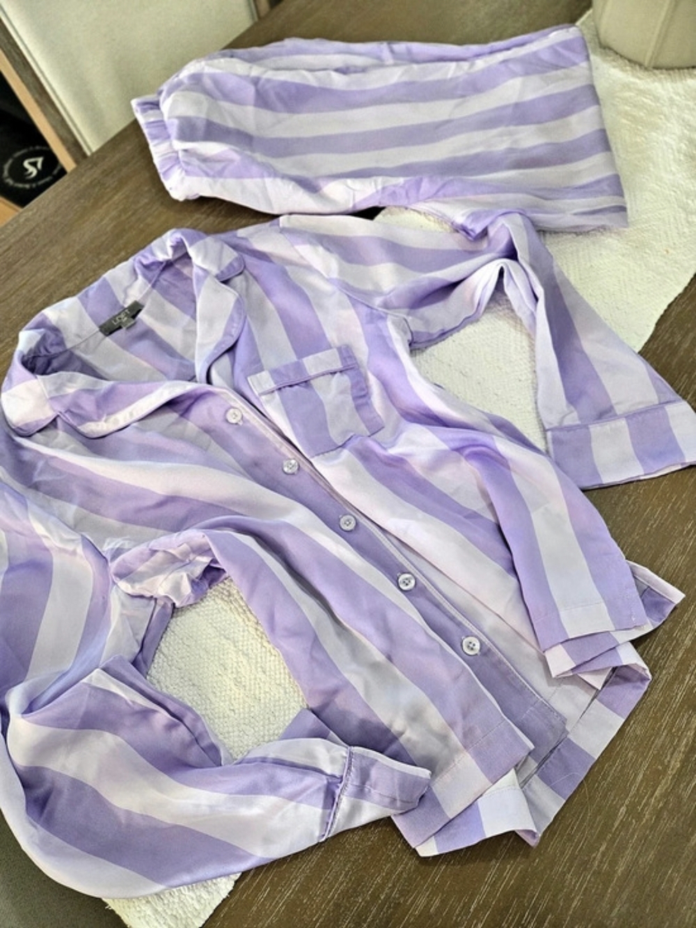 LOFT Satin Notch Collar Pajama Set Striped Pajama Set in Purple & White Size L